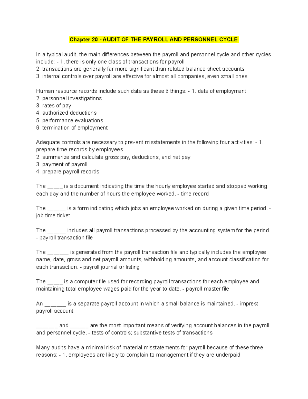 Audit of the Payroll and Personnel Cycle - Chapter 20 Insights - Studocu