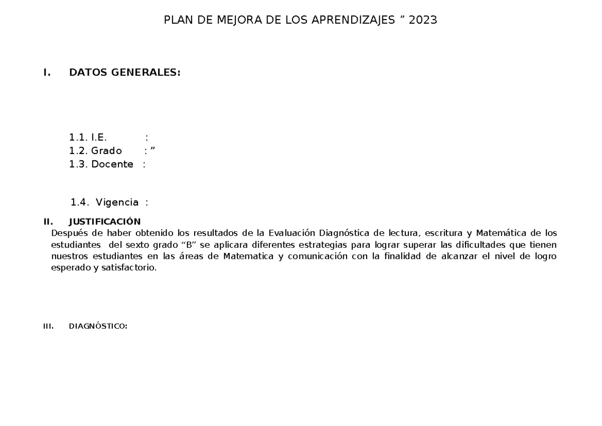 PLAN DE MEJORA DE APRENDIZAJES PRIMER GRADO 2024 - INSTITUCIÓN SAN ...