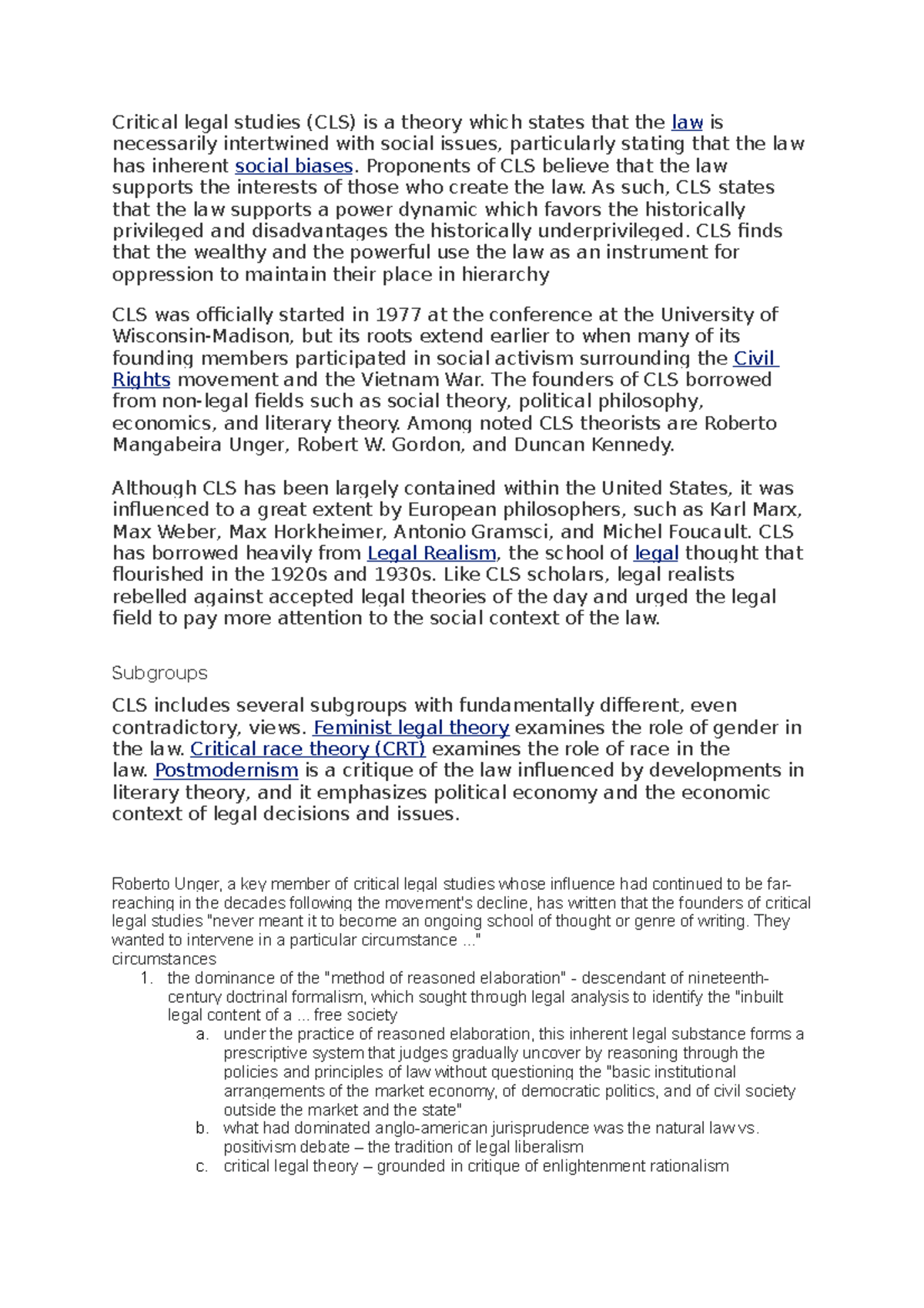 Critical Legal Studies (CLS) - Comprehensive Study Notes - Studocu