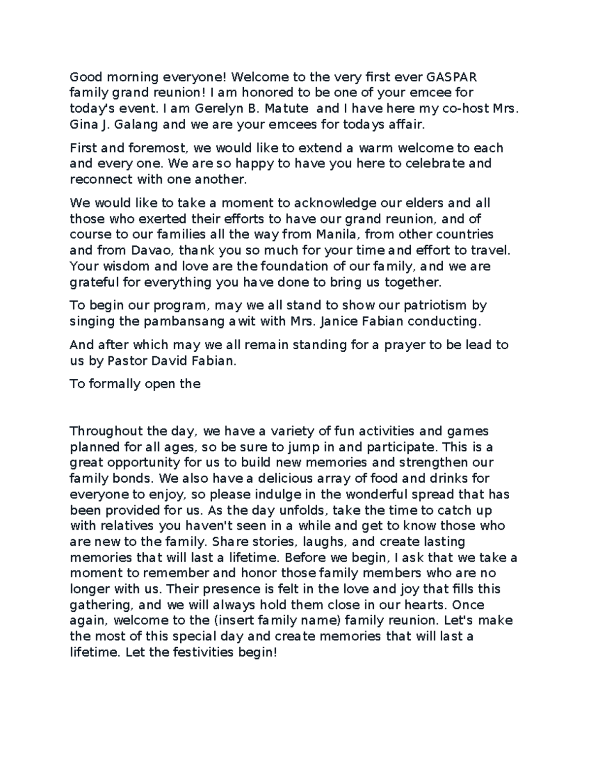 GASPAR Family Reunion Emcee Script: Welcome & Activities - Studocu