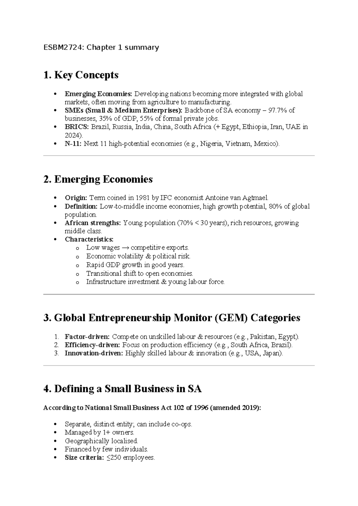 ESBM2724: Summary of Key Concepts in Emerging Economies and SMEs - Studocu