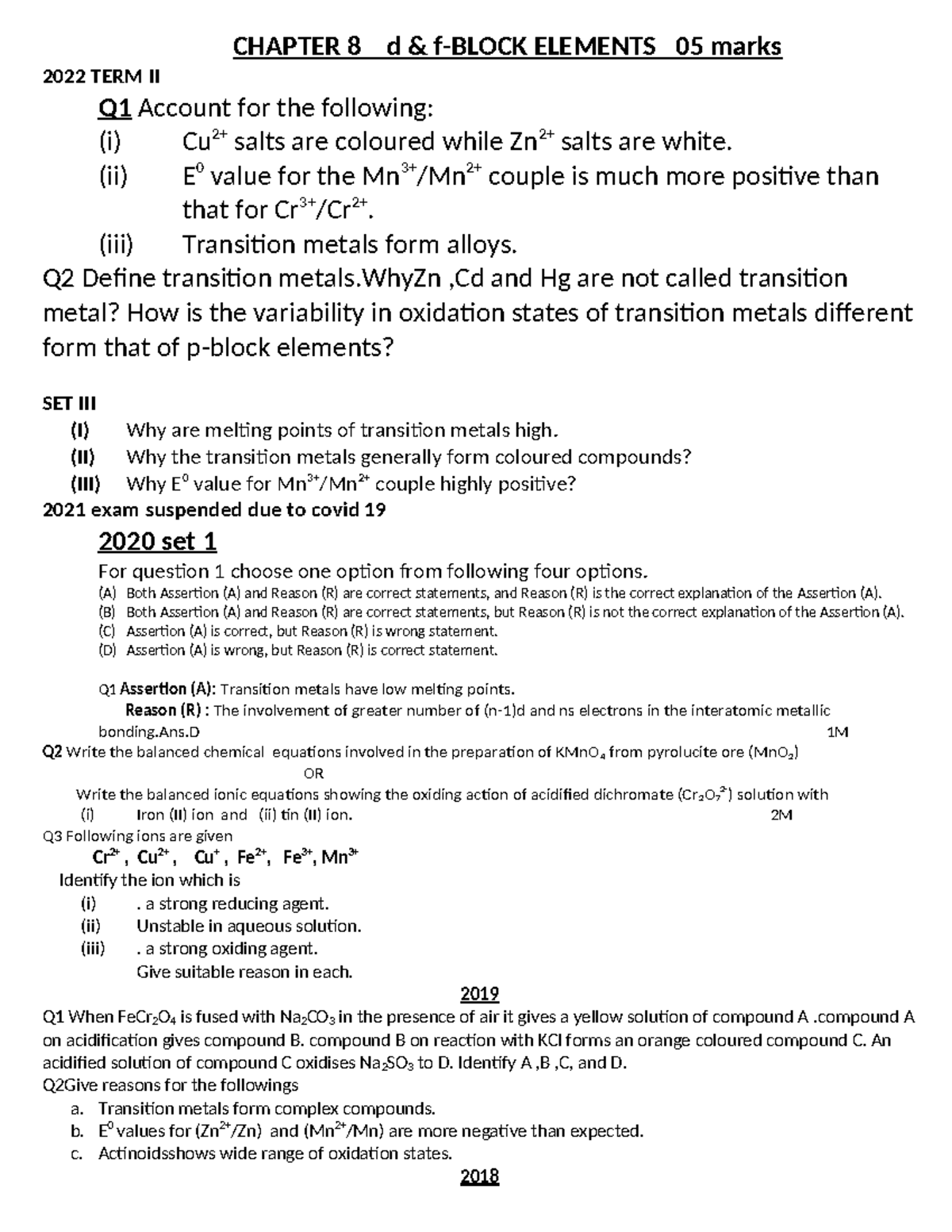 Chapter 8d and f Block Elements - Key Concepts and Exam Questions - Studocu