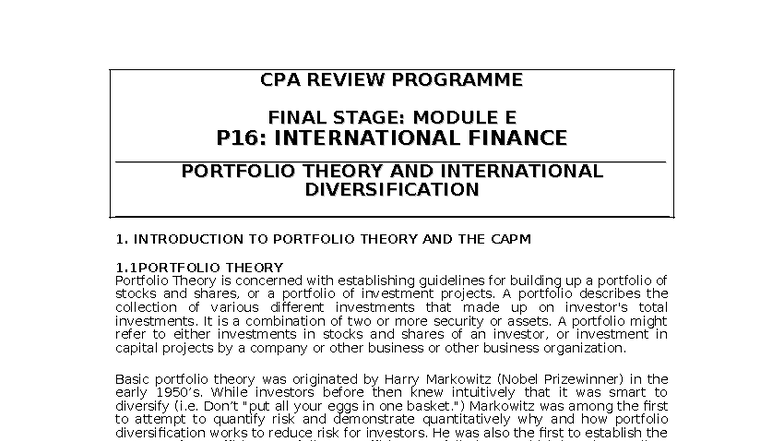CPA REVIEW PROGRAMME FINAL STAGE: MODULE E P17 - PORTFOLIO THEORY & INT ...