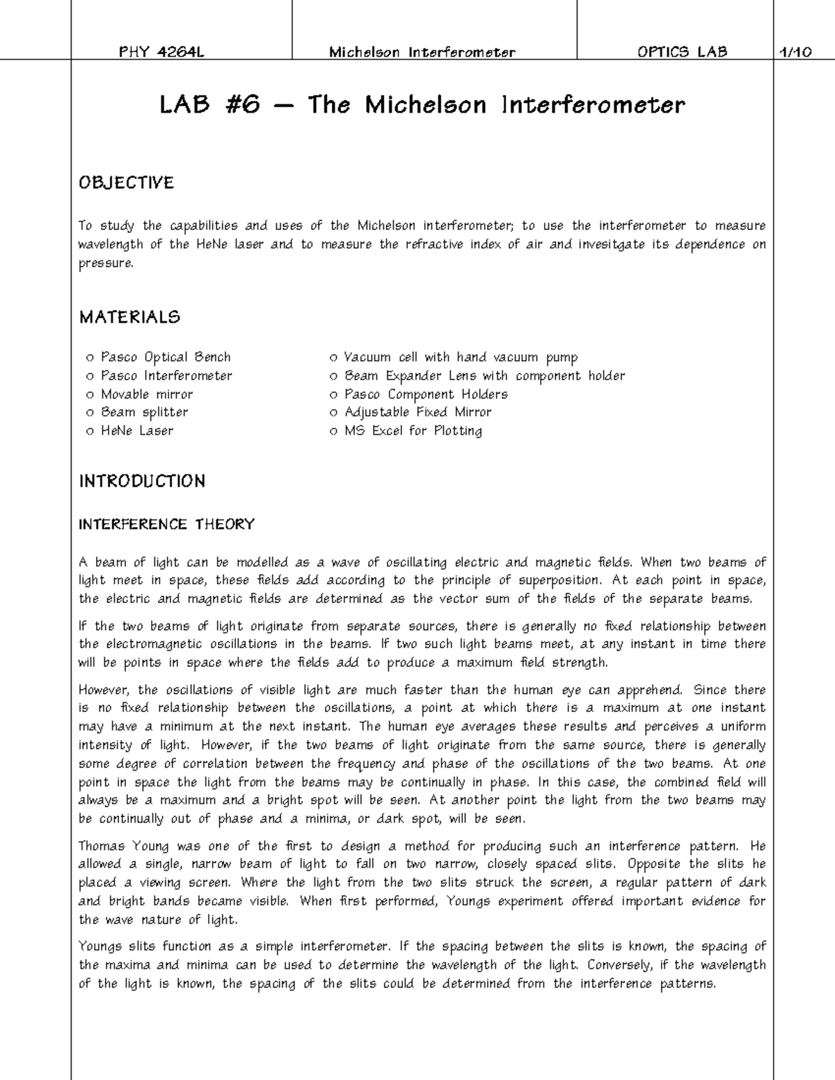 PHY 4264L Final Lab Report: Michelson Interferometer Analysis - Studocu