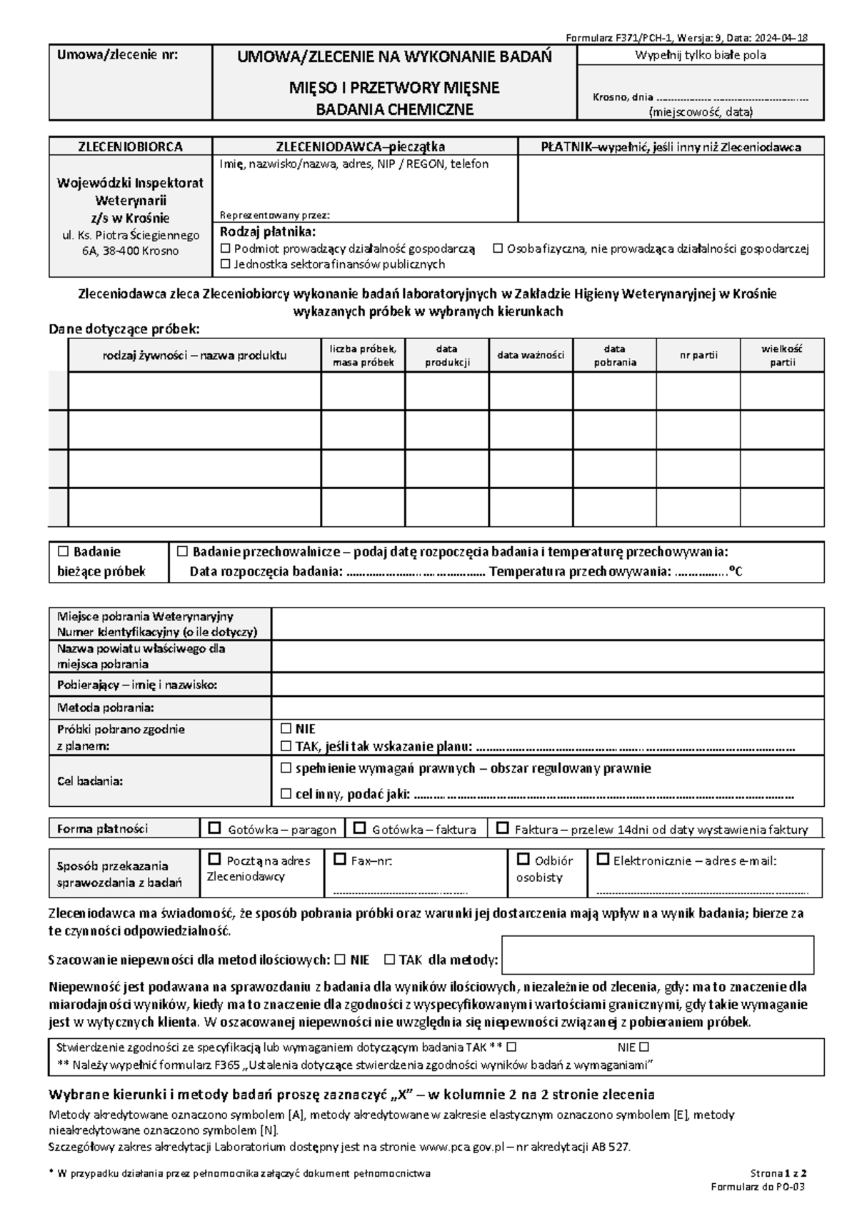 Badania mieso chemia - Formularz F371/PCH- 1 , Wersja: 9 , Data: 2024 ...