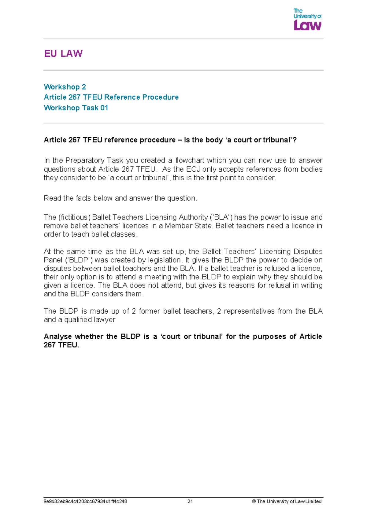 Engage task 1 - Workshop Task 1 - EU LAW Workshop 2 Article 267 TFEU ...