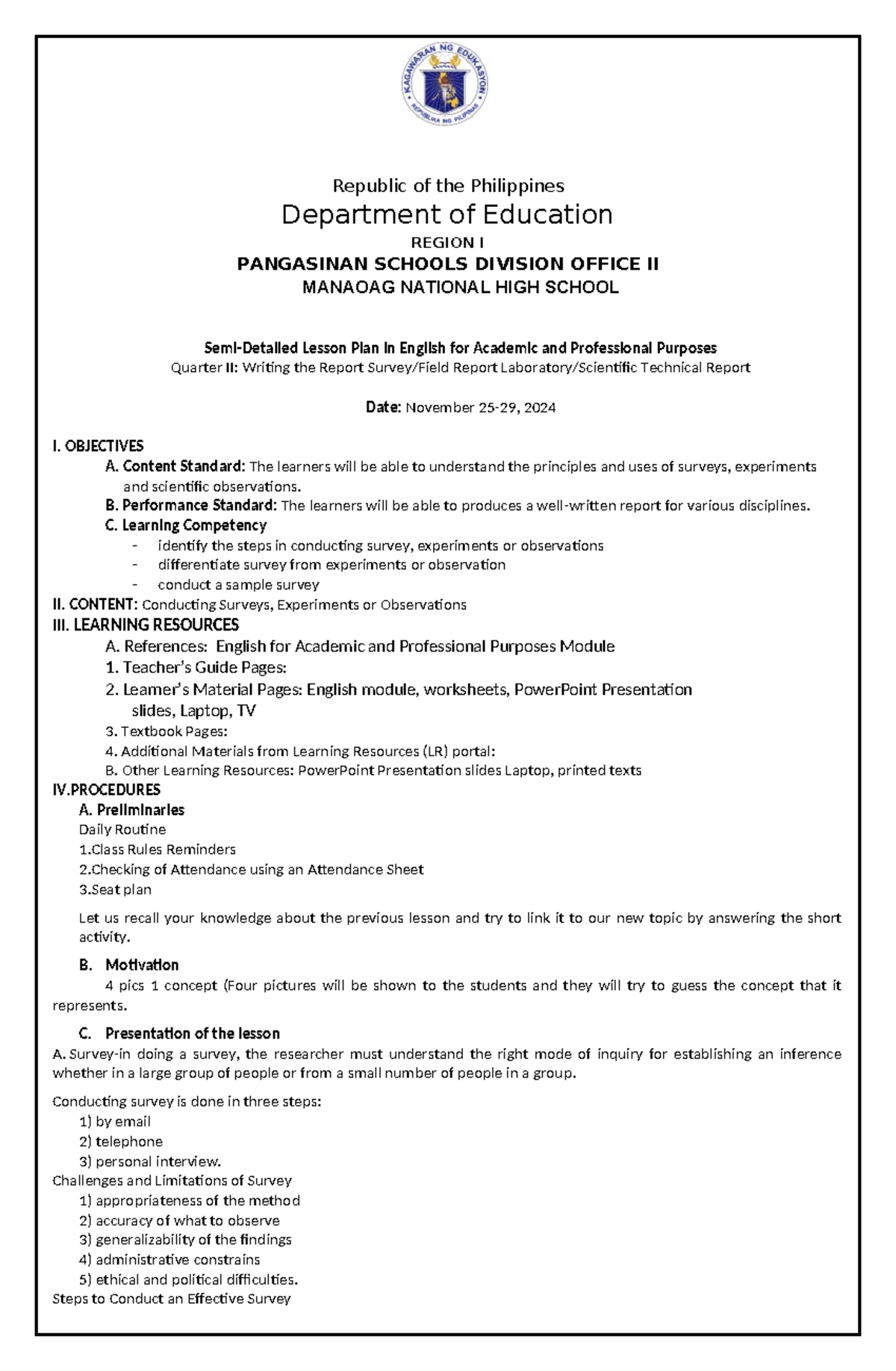 Semi-Detailed Lesson Plan EAPP: Weeks 7 & 8 - Surveys/Experiments - Studocu