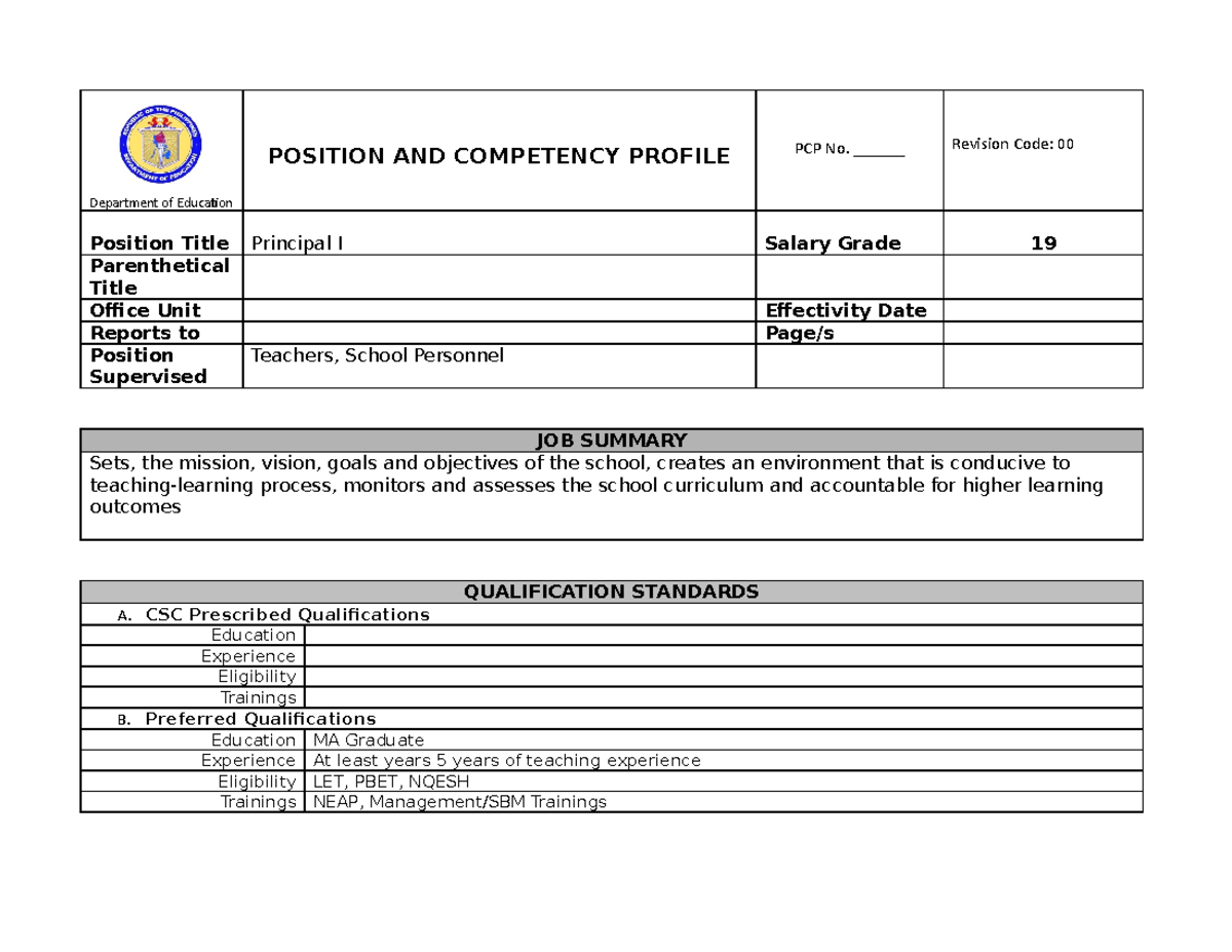 Position and Competency Profiles for School Principals (PCP) - Studocu