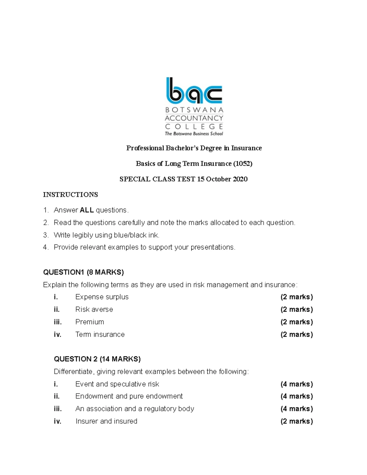 Question paper short term - QUESTION PAPER- SHORT TERM INSURANCE ...