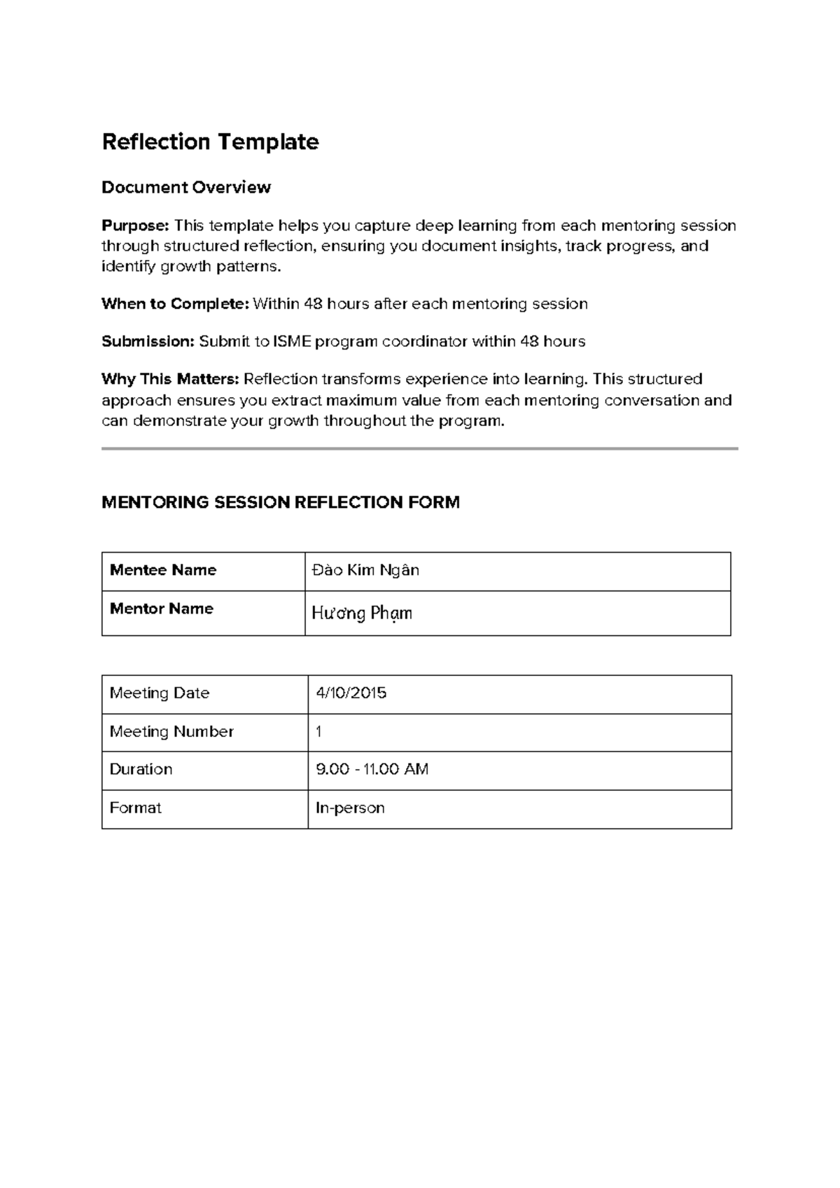 Mentoring Session Reflection Template - ISME Program - Studocu