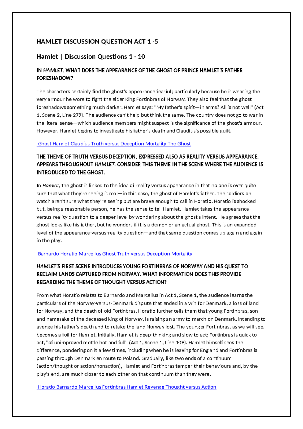 HAMLET (ENG 101) DISCUSSION QUESTIONS: ACT 1-5 ANALYSIS - Studocu