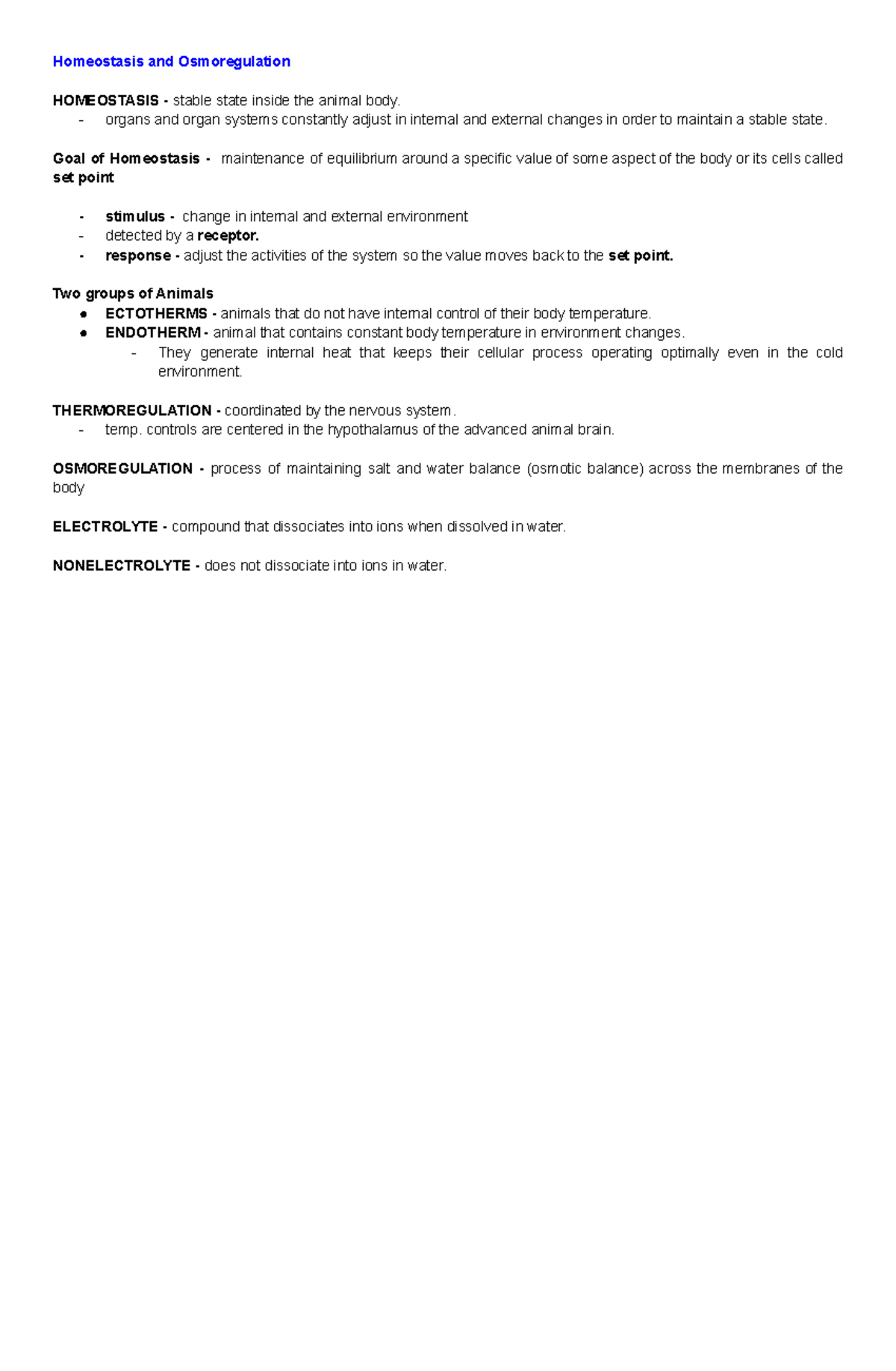 Zoology reviewer - Homeostasis and Osmoregulation HOMEOSTASIS - stable ...