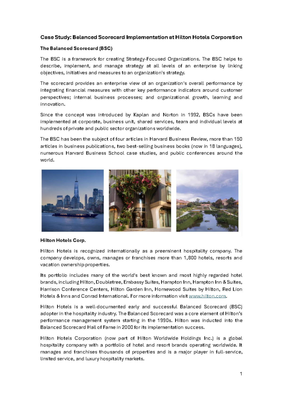 Case Study: BSC Implementation at Hilton Hotels Corp. - Studocu