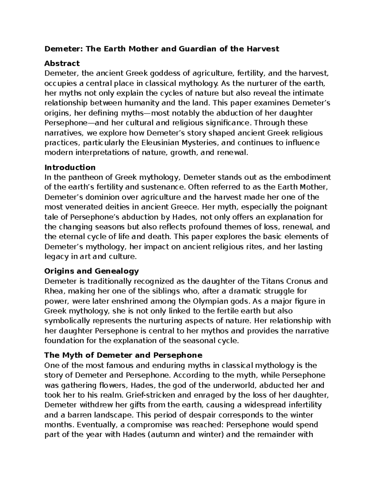 Demeter: The Earth Mother and Harvest Guardian - Final Notes - Studocu
