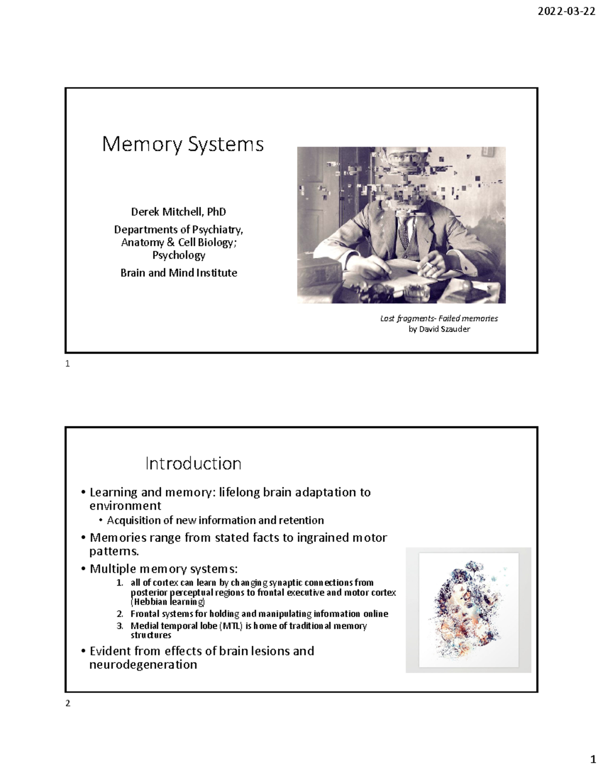 Neuro+2000 Lecture Notes on Memory Systems and Types - Studocu