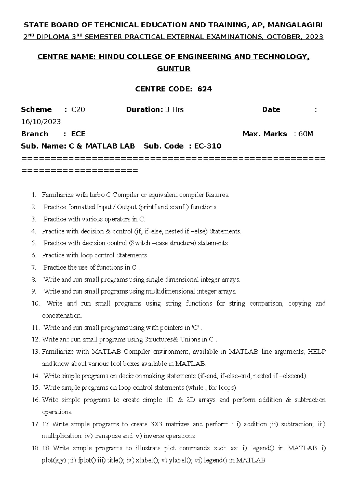 ADC External Lab Paper - C & MATLAB Practical Exam, C20 - Studocu