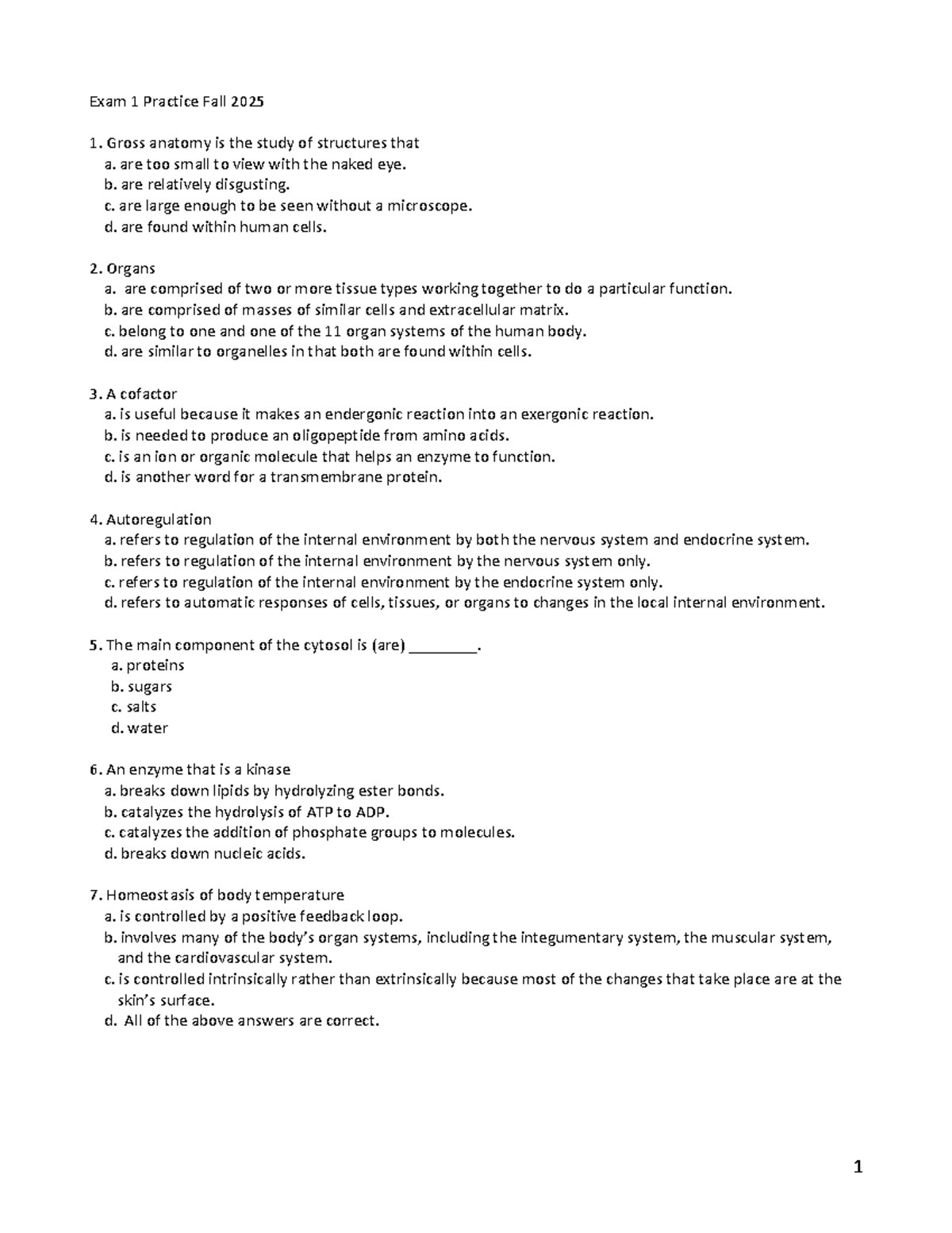 BIO 291 Exam 1 Practice Questions & Review Guide Fall 2025 - Studocu