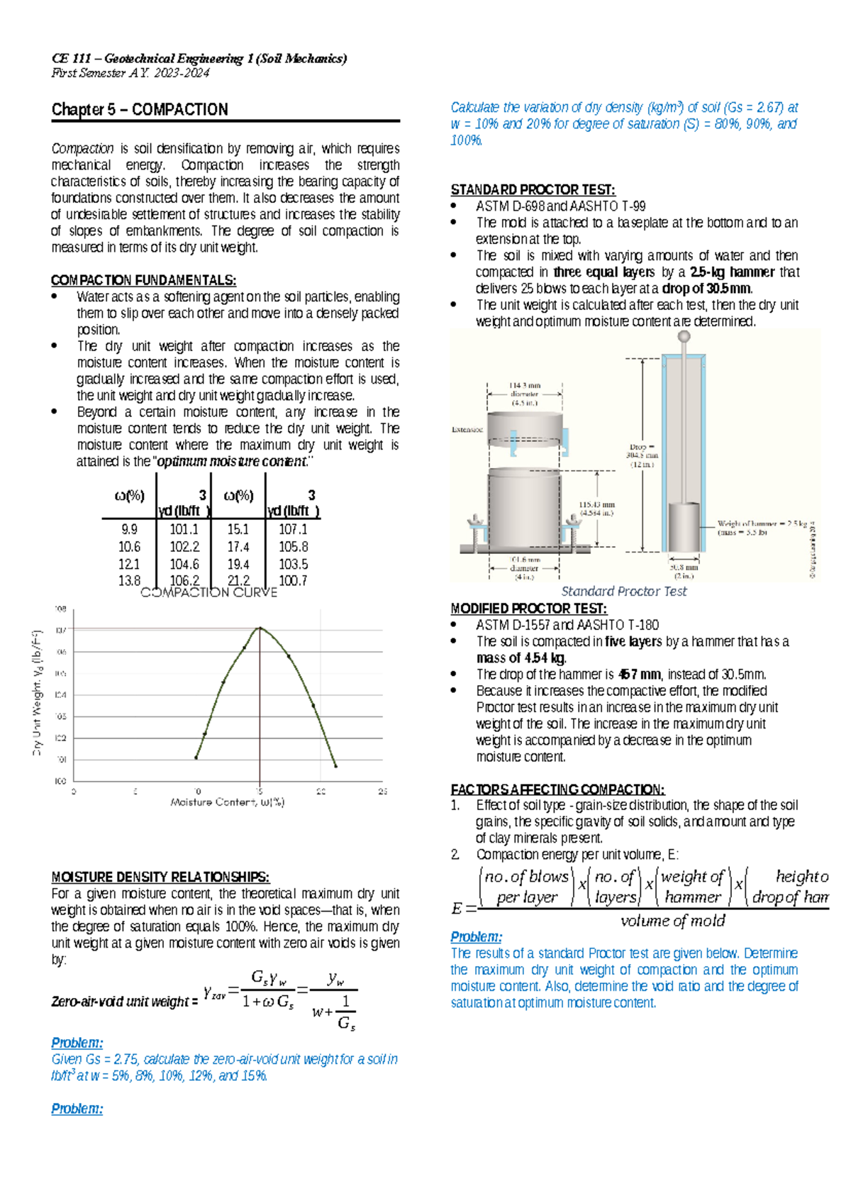 Compaction Fundamentals and Tests - CE 101 Notes - Studocu