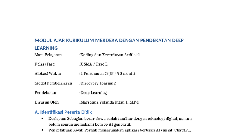Modul Ajar KURIKULUM MERDEKA: Deep Learning Koding & AI - X SMA - Studocu