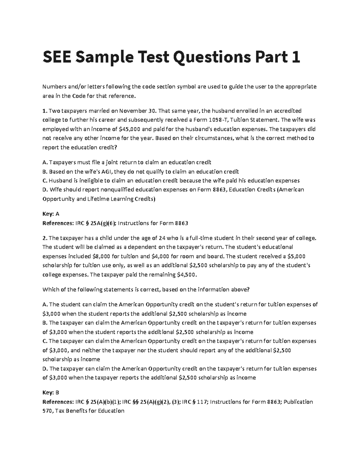 SEE Sample Test Questions Part 1: Education Credits & Tax Deductions ...