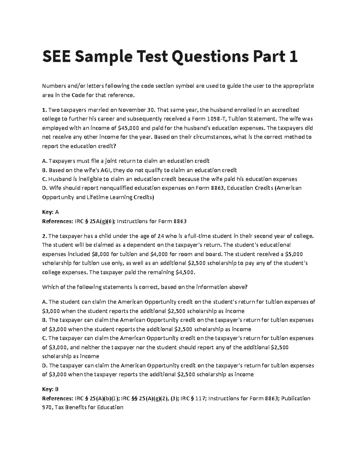 SEE Sample Test Questions Part 2: S Corporation Taxation Insights - Studocu