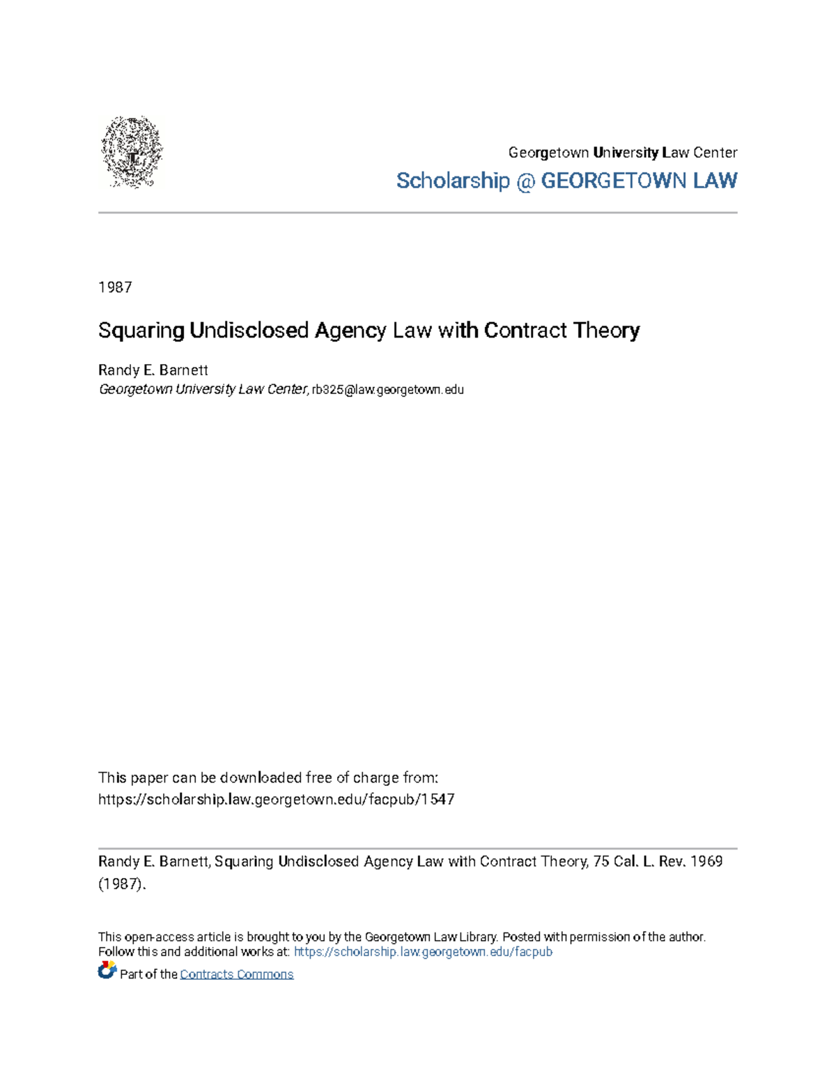 Squaring Undisclosed Agency Law with Contract Theory - GEORGETOWN LAW ...