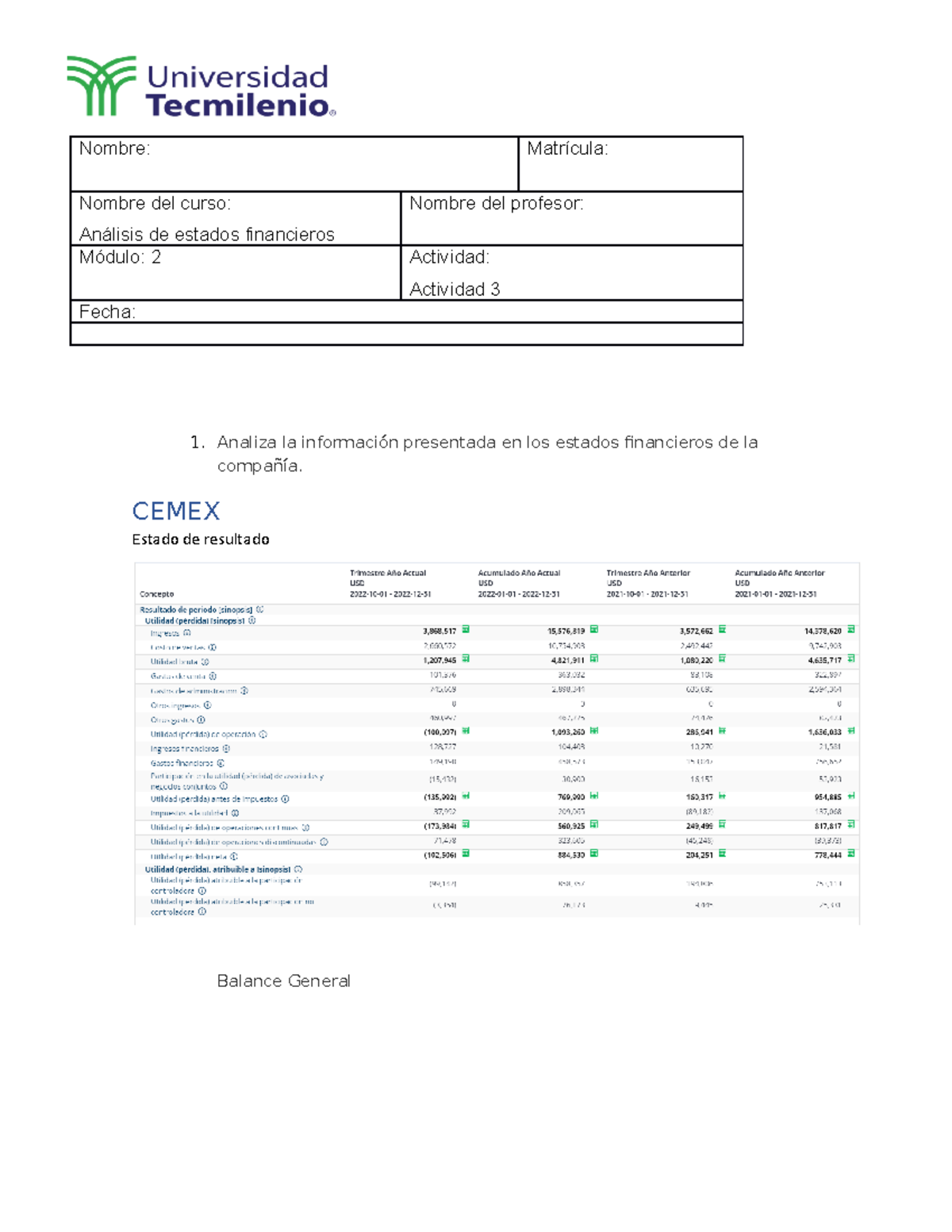 Análisis Financiero de CEMEX: Actividad 3 - Módulo 2 - Studocu