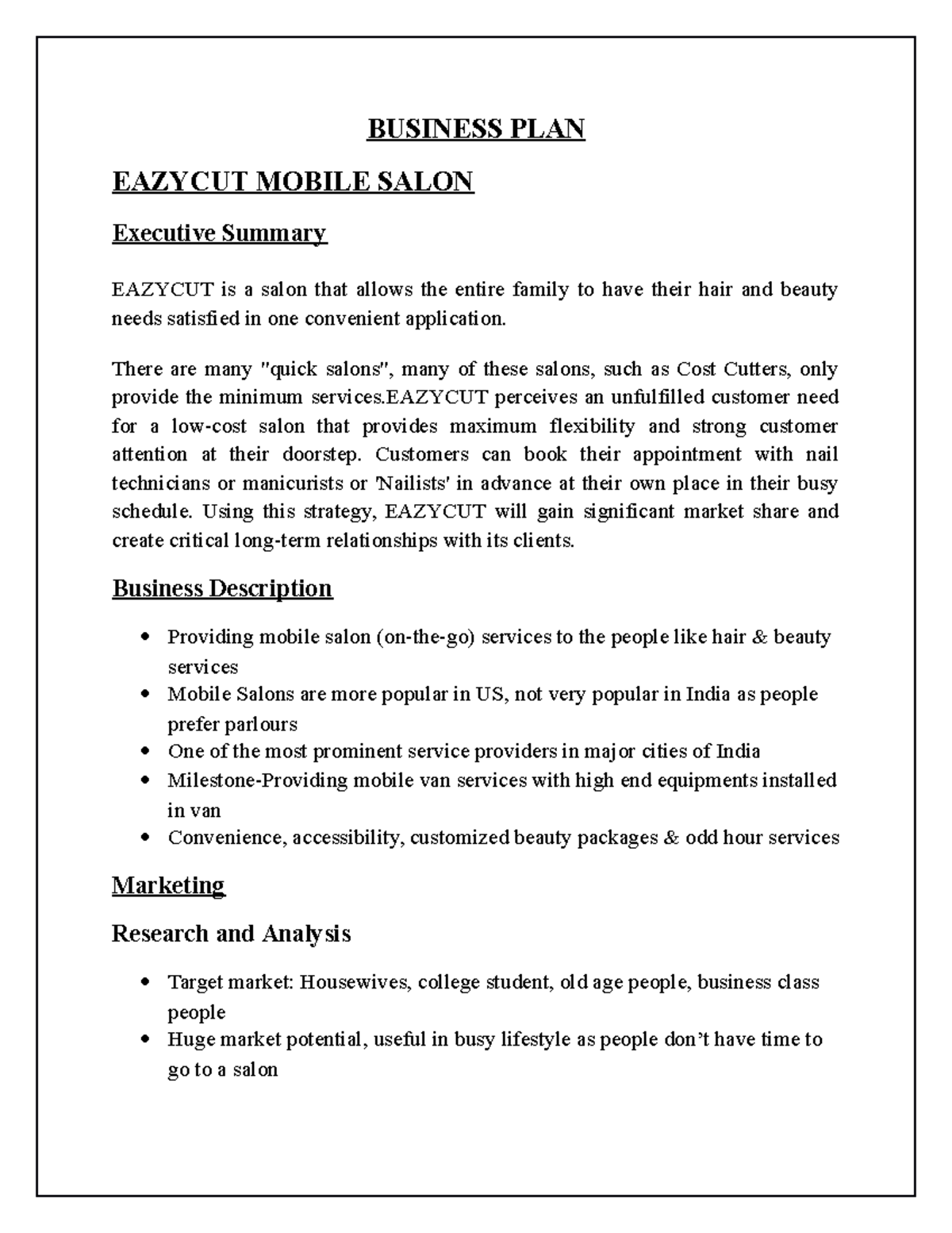 B Plan Mobile Salon - Assignment - BUSINESS PLAN EAZYCUT MOBILE SALON ...