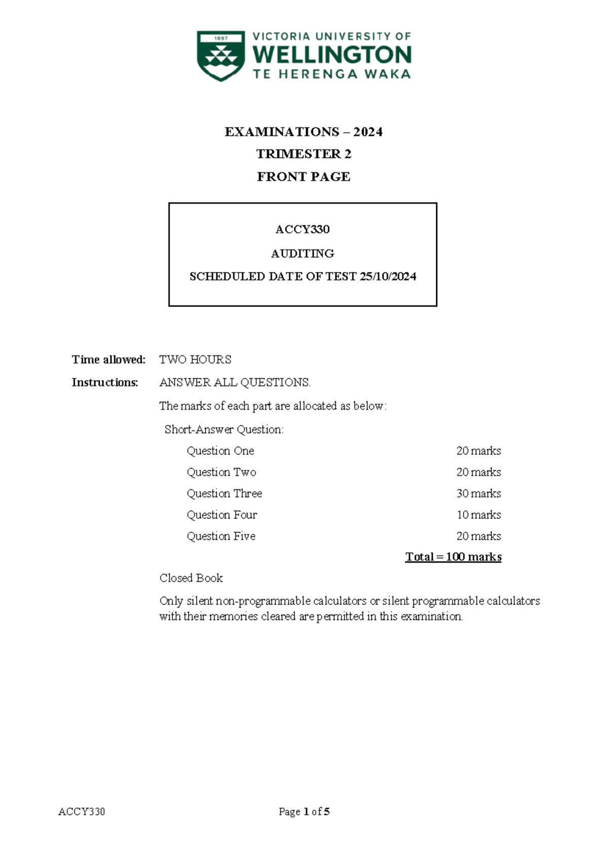 2024 Trimester 2 ACCY330 Auditing Final Exam Questions - Studocu