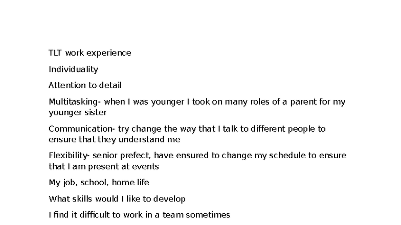 TLT Work Experience: Skills Development and Teamwork Insights - Studocu
