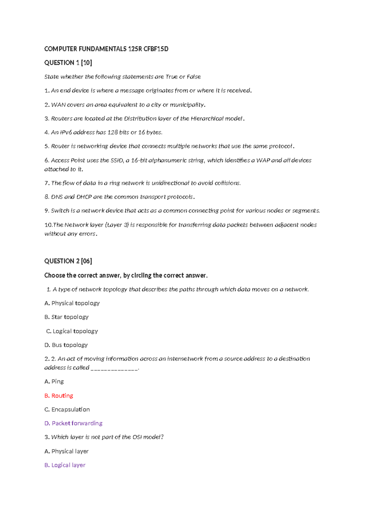 Computer Fundamentals 125R CFBF15D True/False & Multiple Choice ...