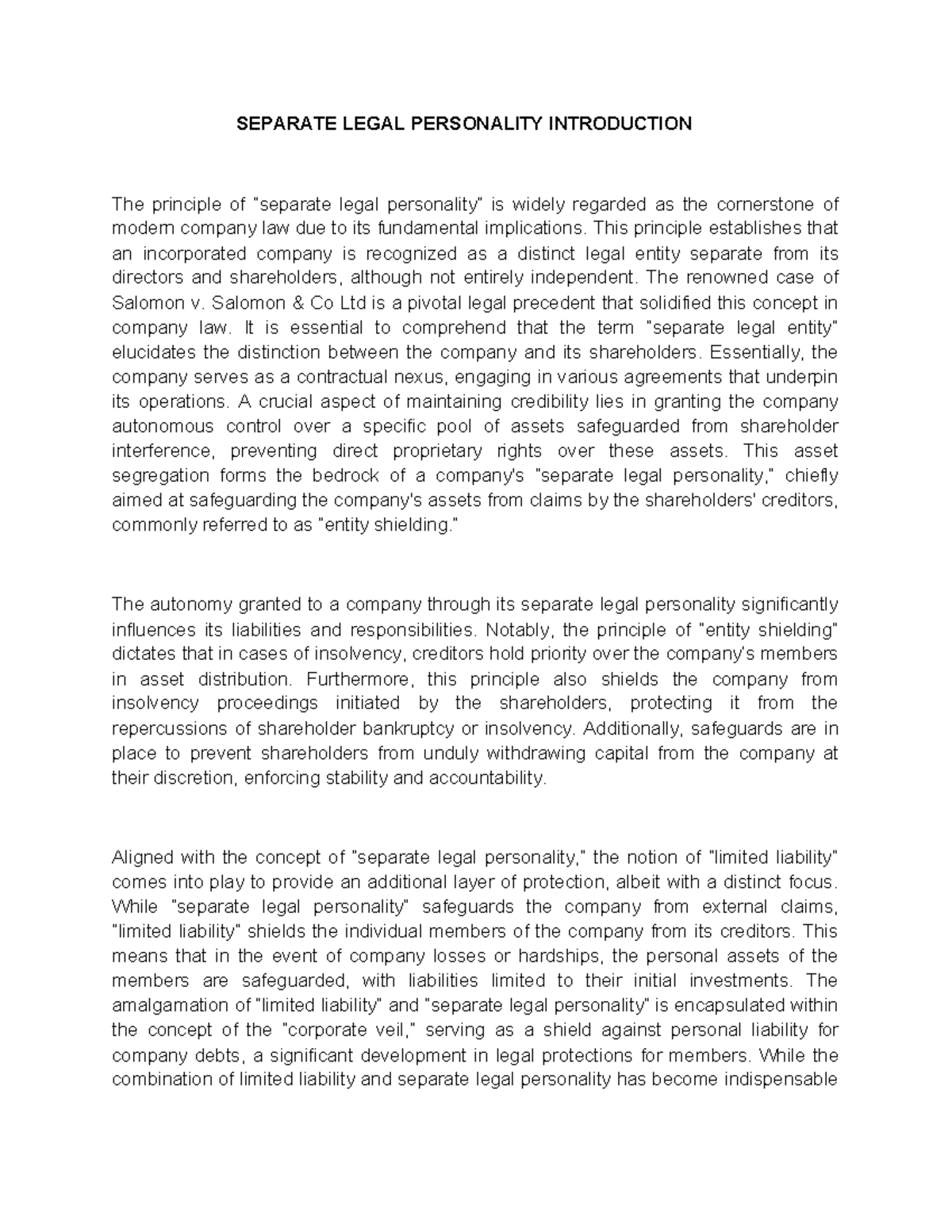 Separate Legal Personality 101: Principles and Implications - Studocu