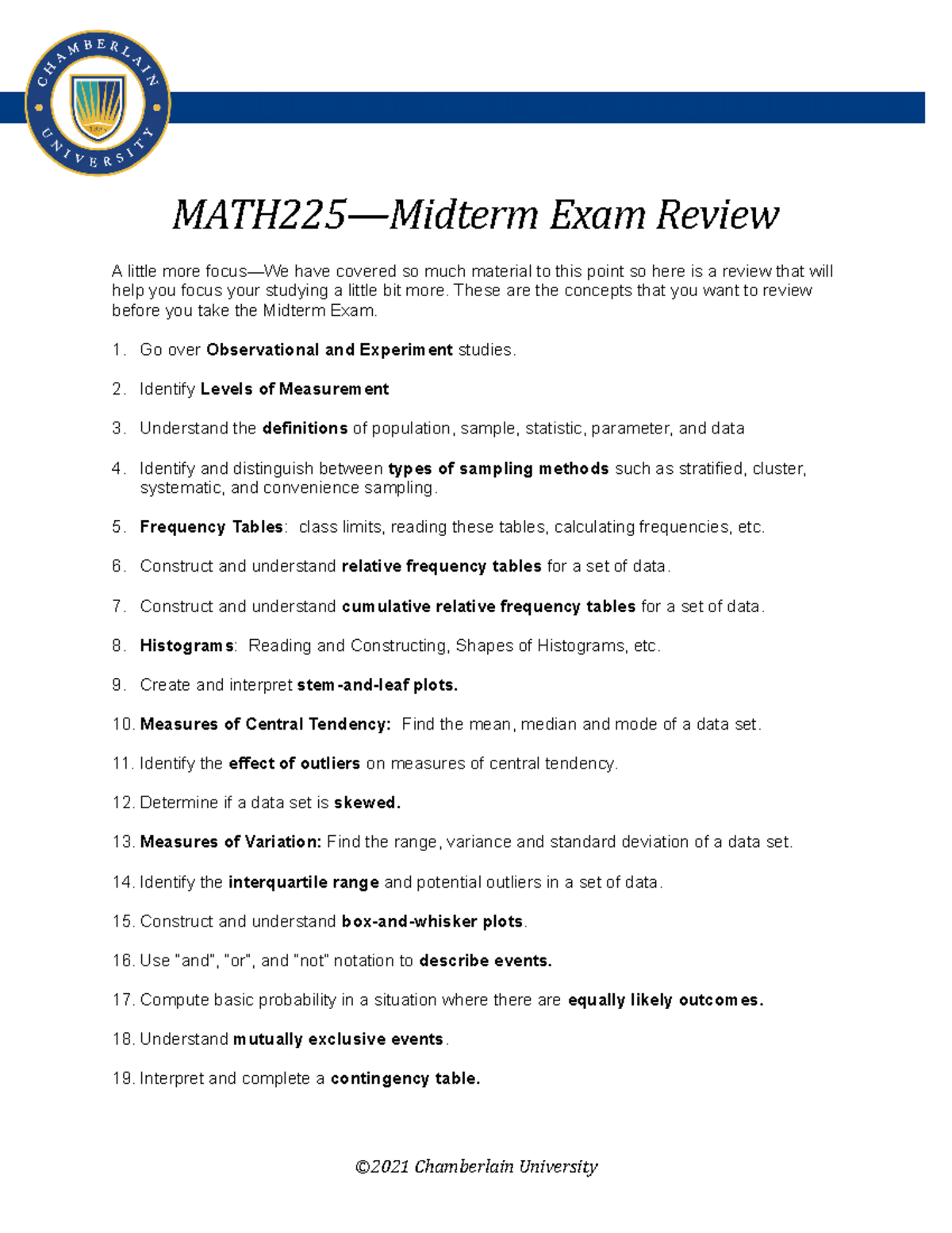 MATH225 Midterm Exam Study Guide: Key Concepts and Review - Studocu