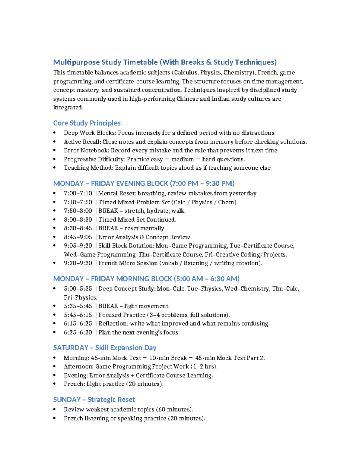 Multipurpose Study Timetable: Techniques for Effective Learning - Studocu
