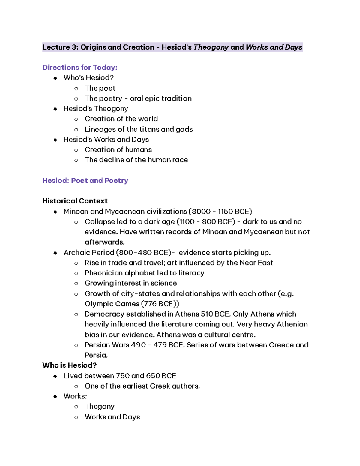 Lecture 3: Origins and Creation in Hesiod's Theogony and Works and Days ...