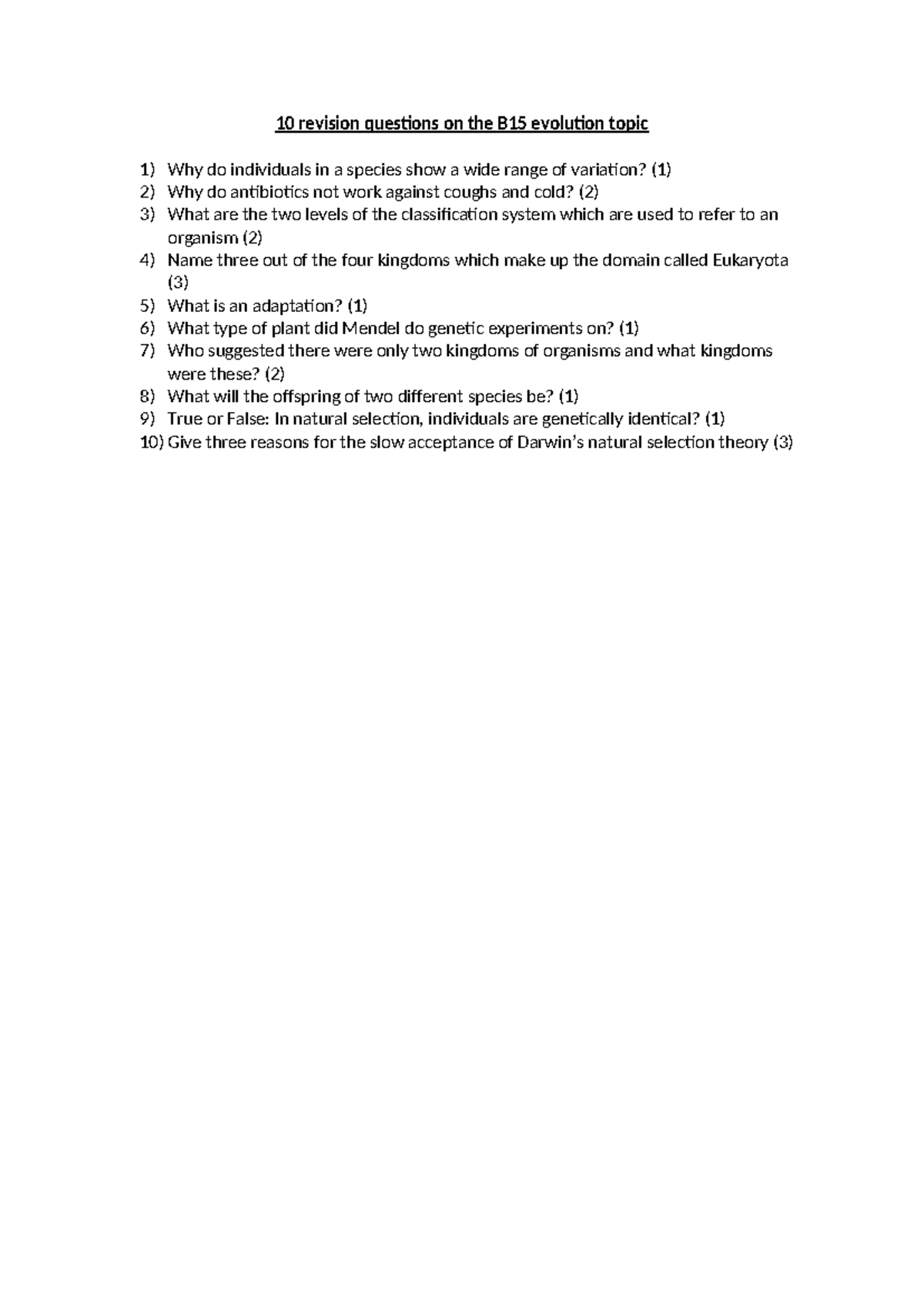 B15 Evolution Topic: 10 Revision Questions for Study - Studocu