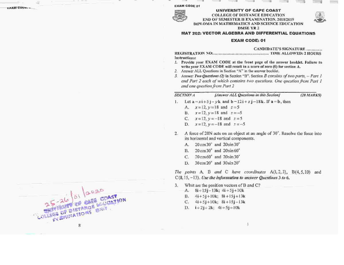 MAT 202: End of Semester II Exam on Vector Algebra & Differential ...