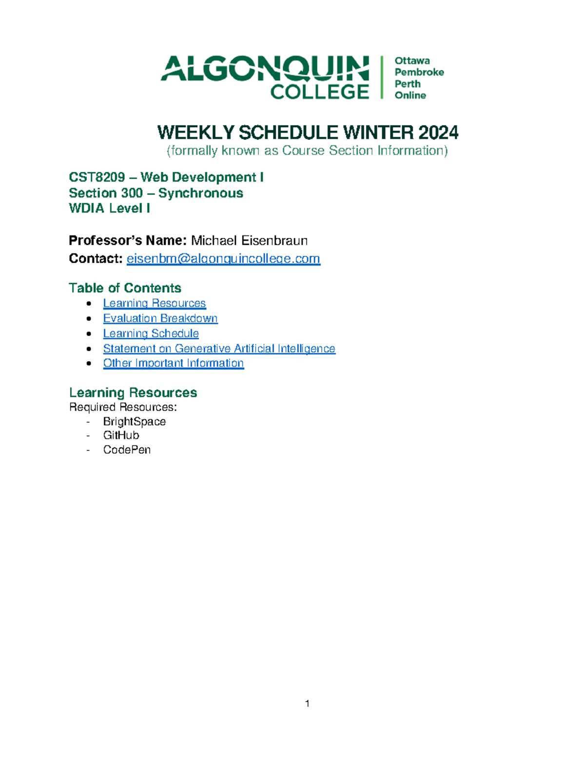 Weekly Schedule CST8209 Winter 2024 - WEEKLY SCHEDULE WINTER 2024 ...