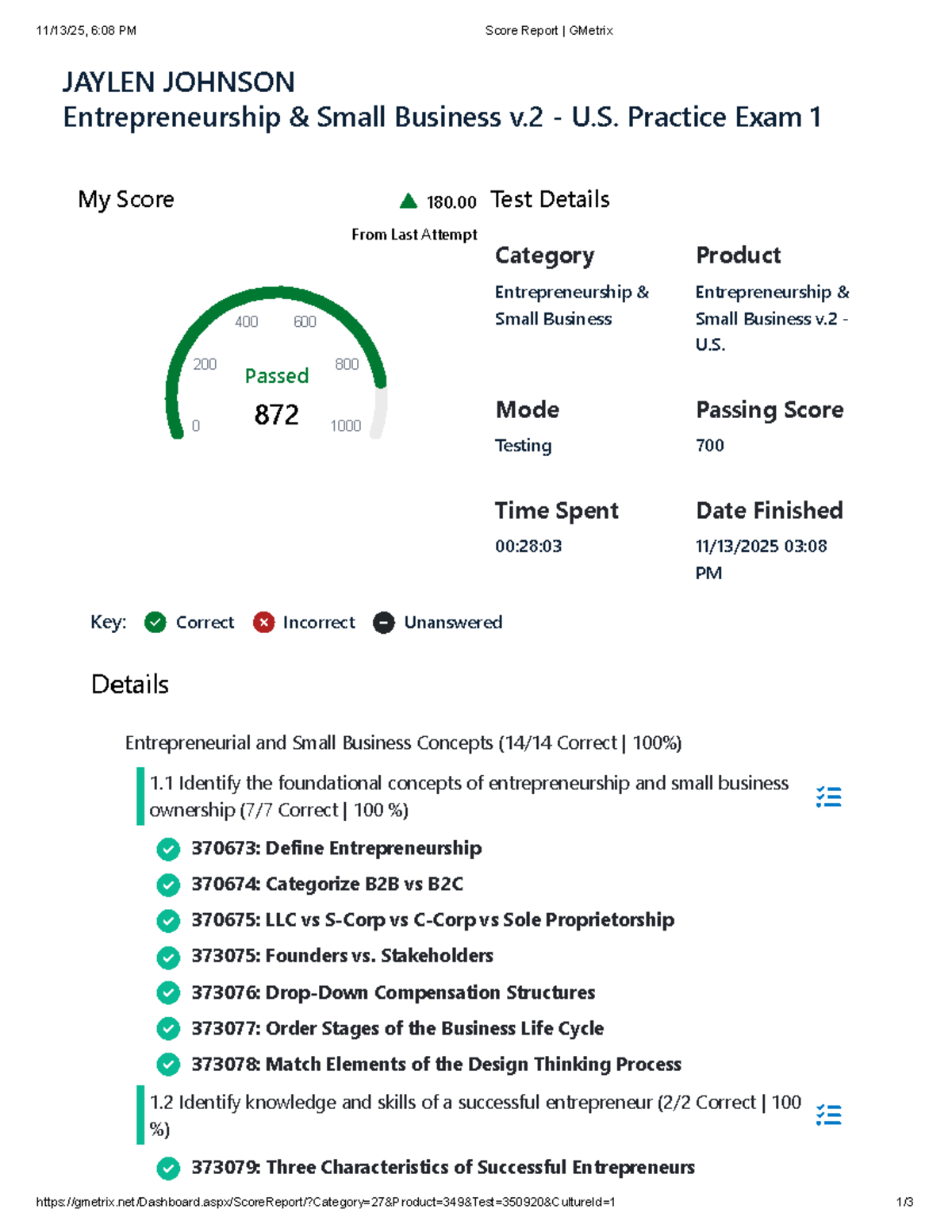 Entrepreneurship Small Business v.2 Exam 1 Score Report - GMetrix - Studocu
