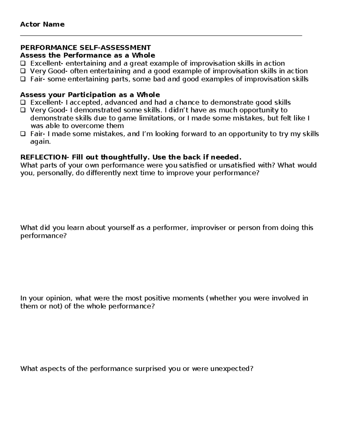 Actor Performance Self-Assessment Form: Reflection & Improvement - Studocu
