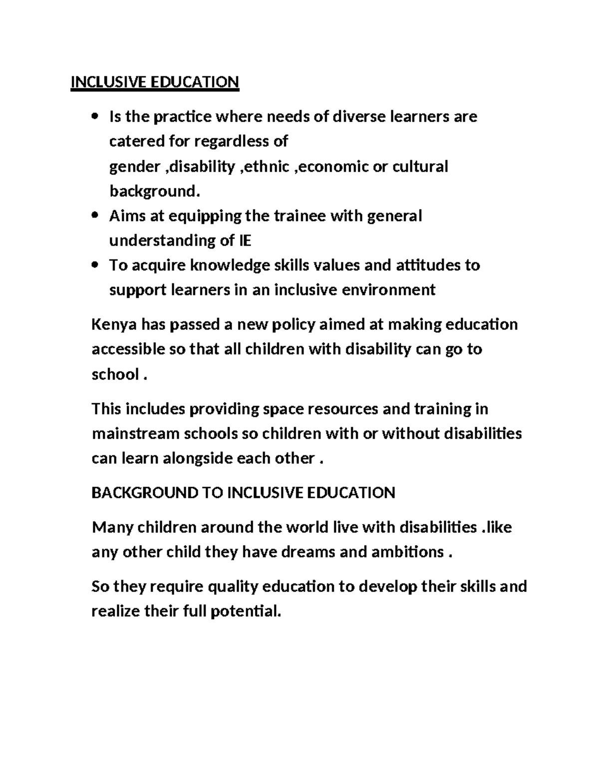 Inclusive Education Notes: Understanding Diverse Learners' Needs - Studocu