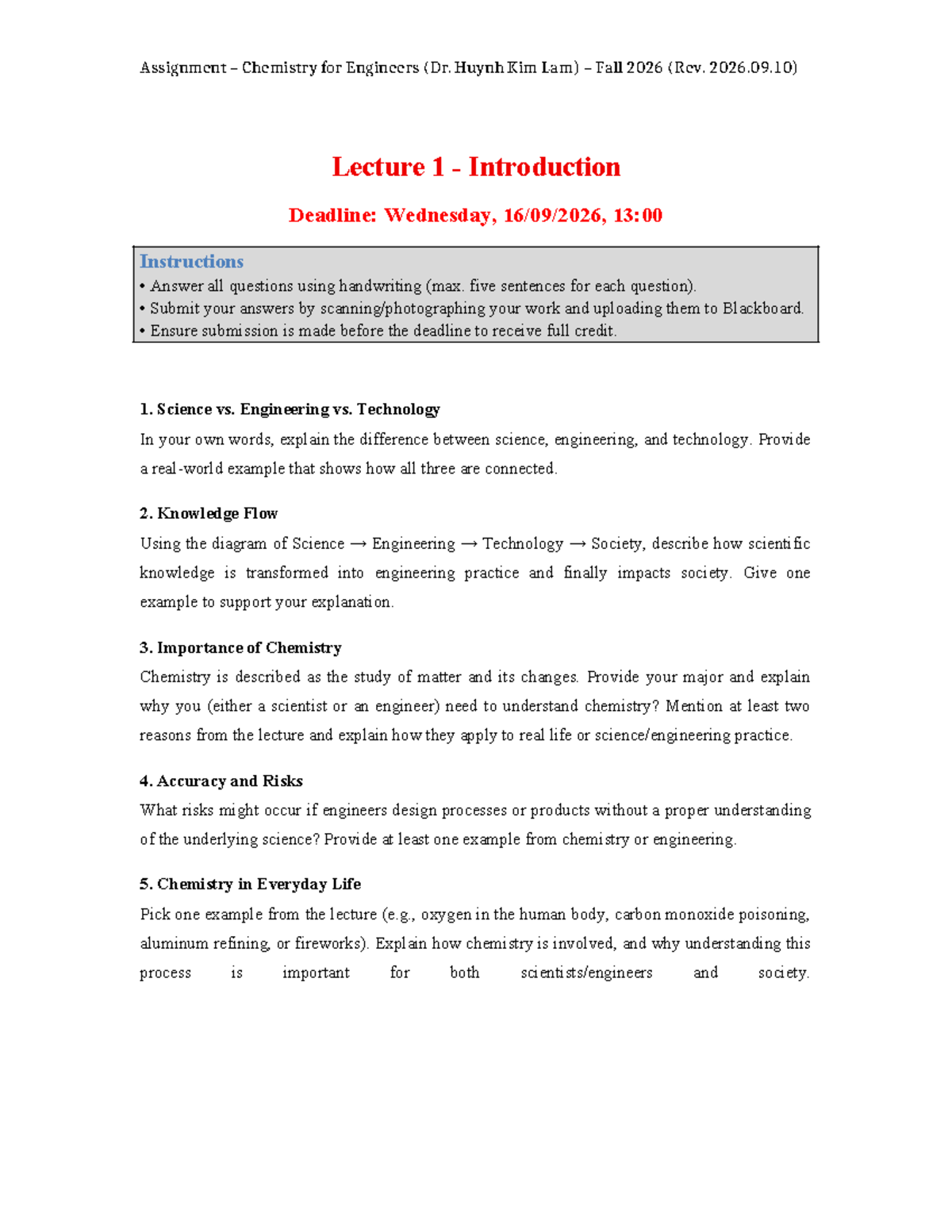 CHEM 101: Lecture 1 Introduction Assignment - Fall 2026 - Studocu