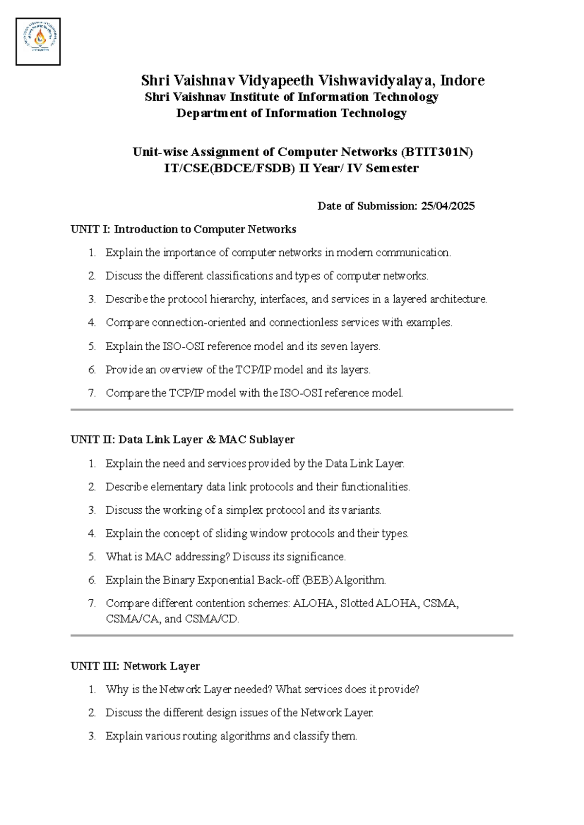 Unitwise CN Assignment - Shri Vaishnav Vidyapeeth Vishwavidyalaya ...