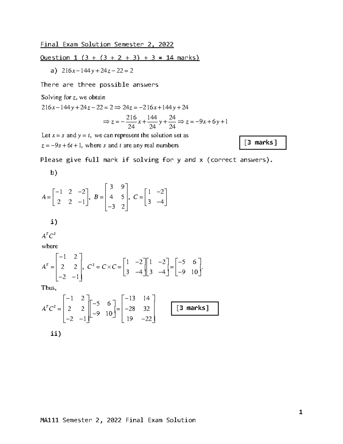 MA111 Final Exam Solutions Semester 2, 2022 - Studocu