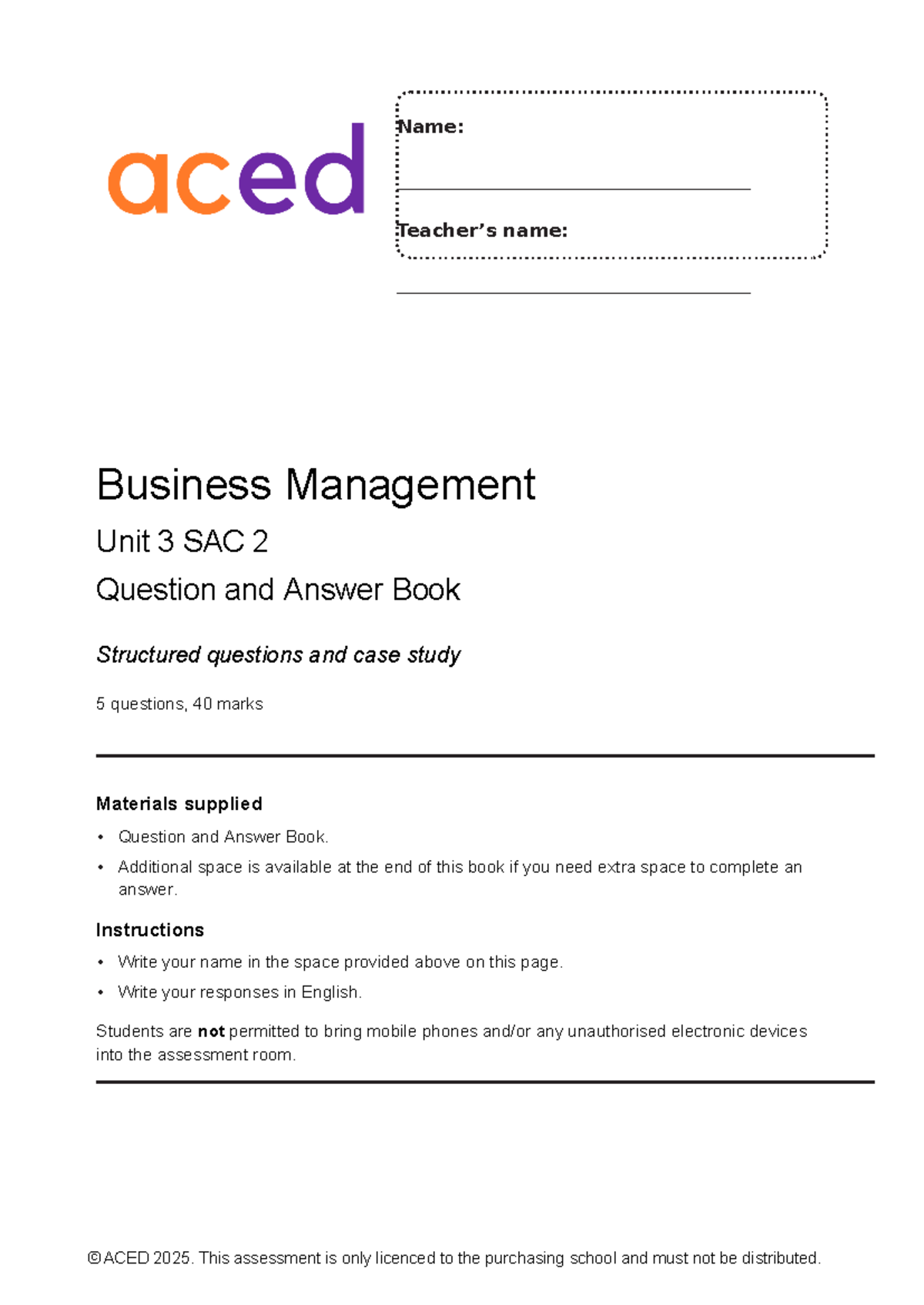 ACED Unit 3 Business Management SAC 2 2025 - Question and Answer Book ...