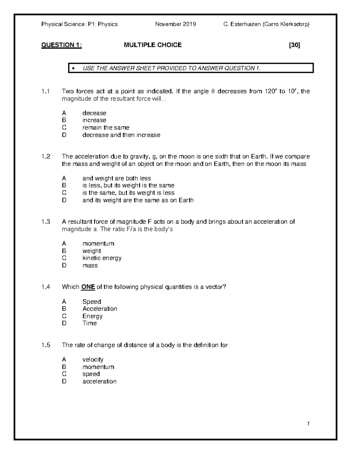 Physical Science P1: Physics November 2019 Exam Questions - Studocu