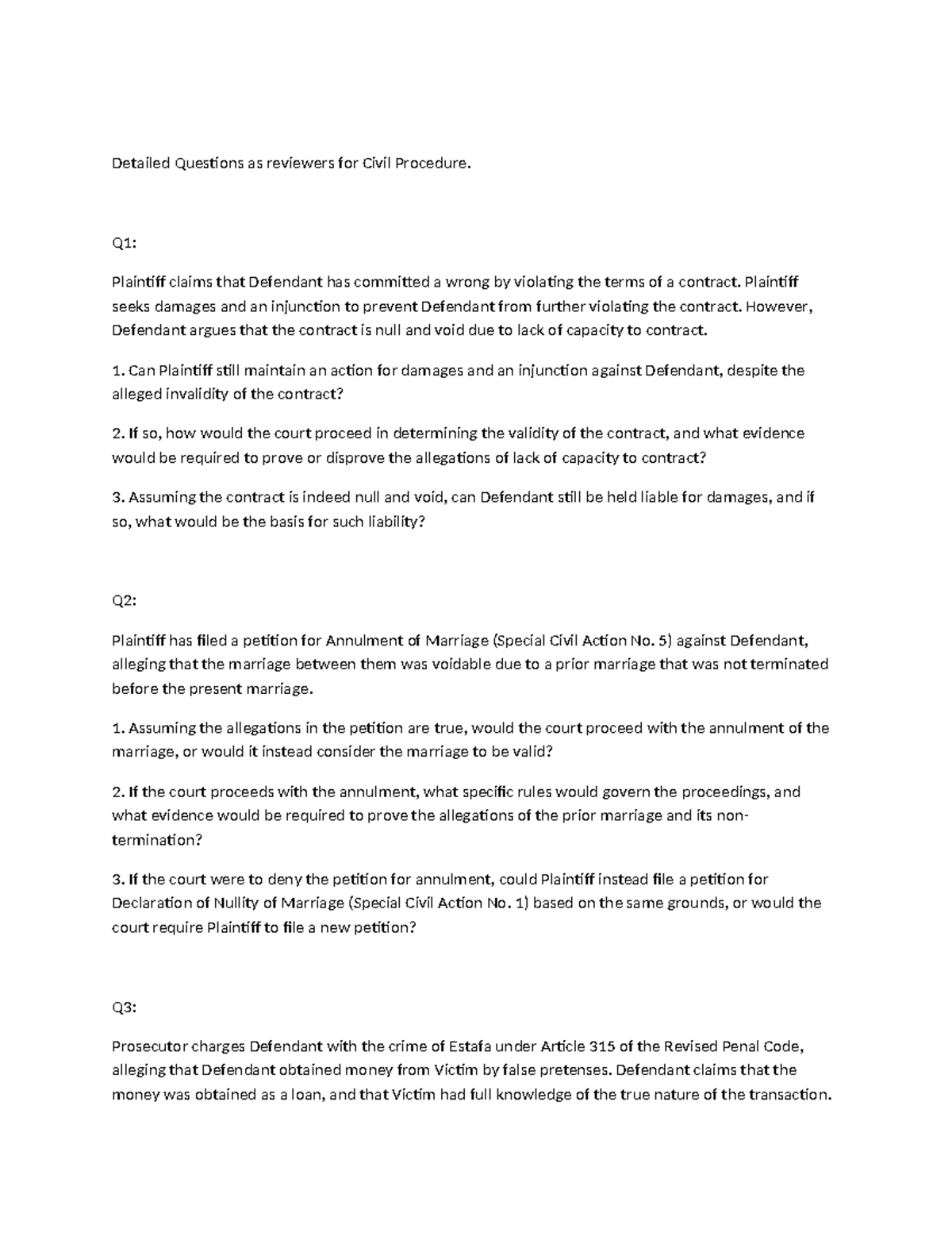 Civil Procedure Review Questions: Detailed Inquiries for CLE - Studocu