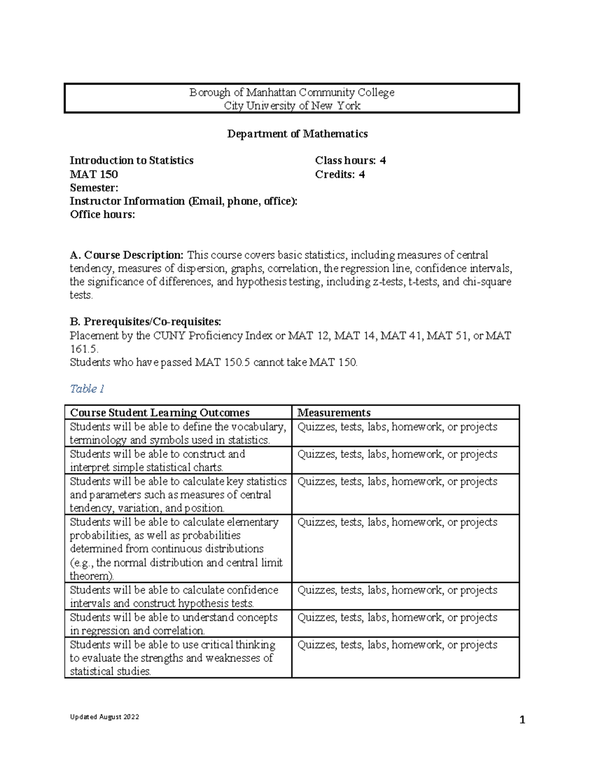 MAT150 - Introduction to Statistics Course Syllabus and Details - Studocu