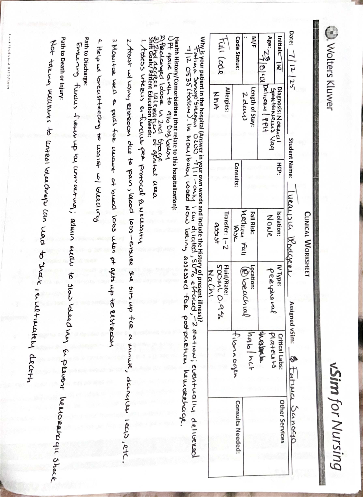 Wolters Kluwer vSim for Nursing: Clinical Worksheet on Postpartum Care ...