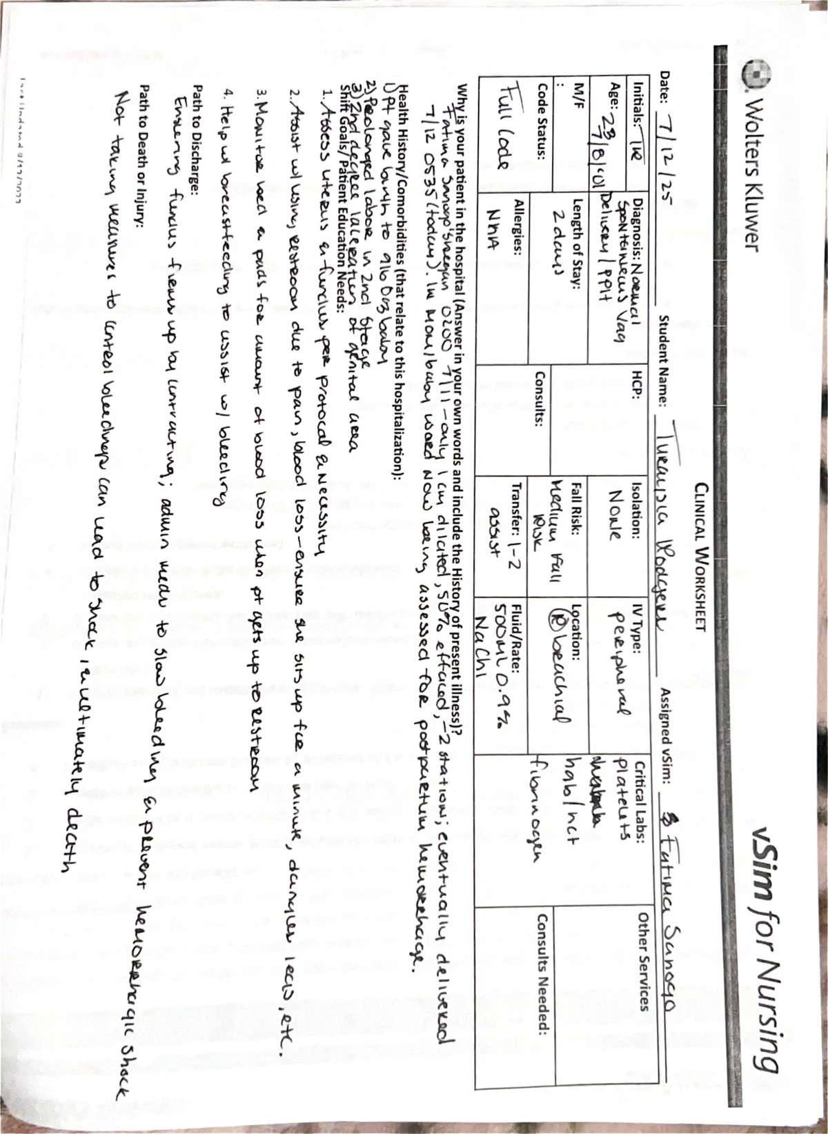 Brenda Patton vSim Clinical Worksheet for Nursing (Maternity Case ...